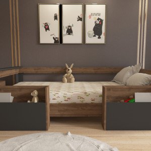 Montessori Ceviz -antrasit Cepli Çocuk Karyolası 90x190 Yatak Uyumlu M1