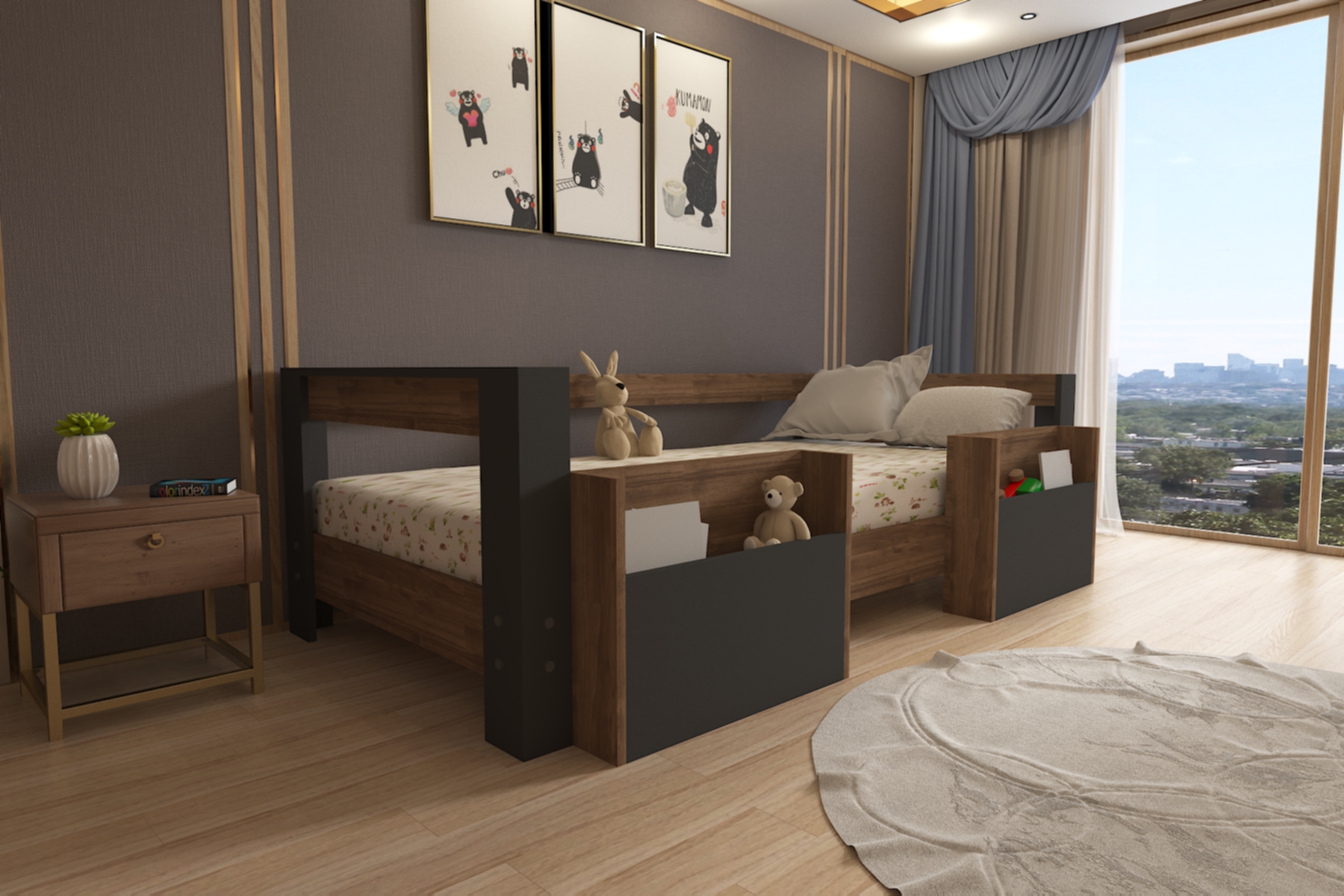 Montessori Ceviz -antrasit Cepli Çocuk Karyolası 90x190 Yatak Uyumlu M1