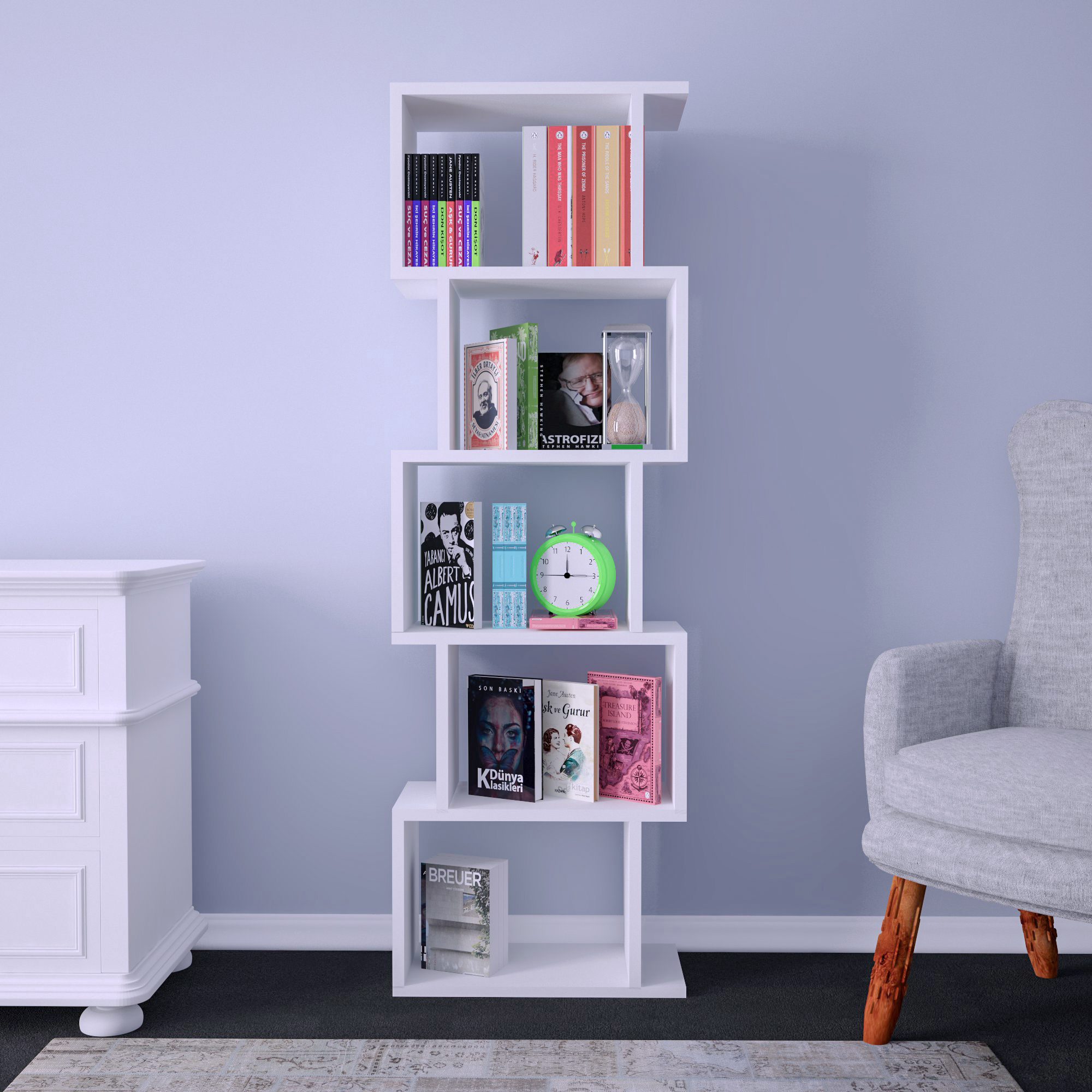 Helezonik MDF Beyaz Kitaplık