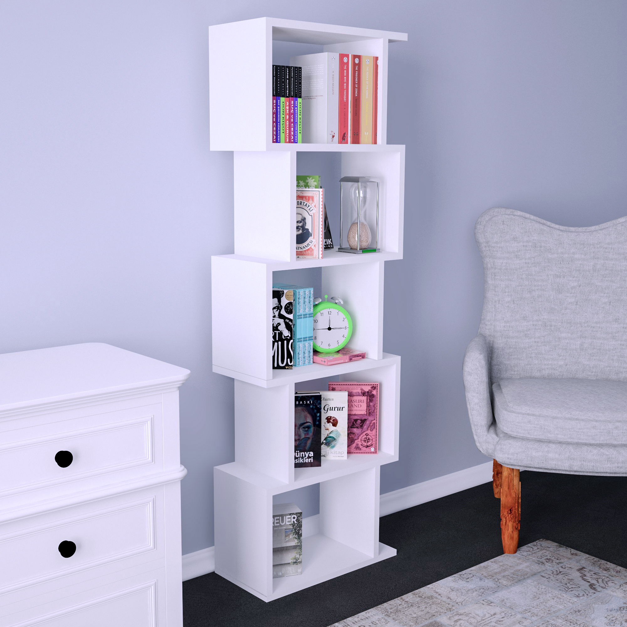 Helezonik MDF Beyaz Kitaplık