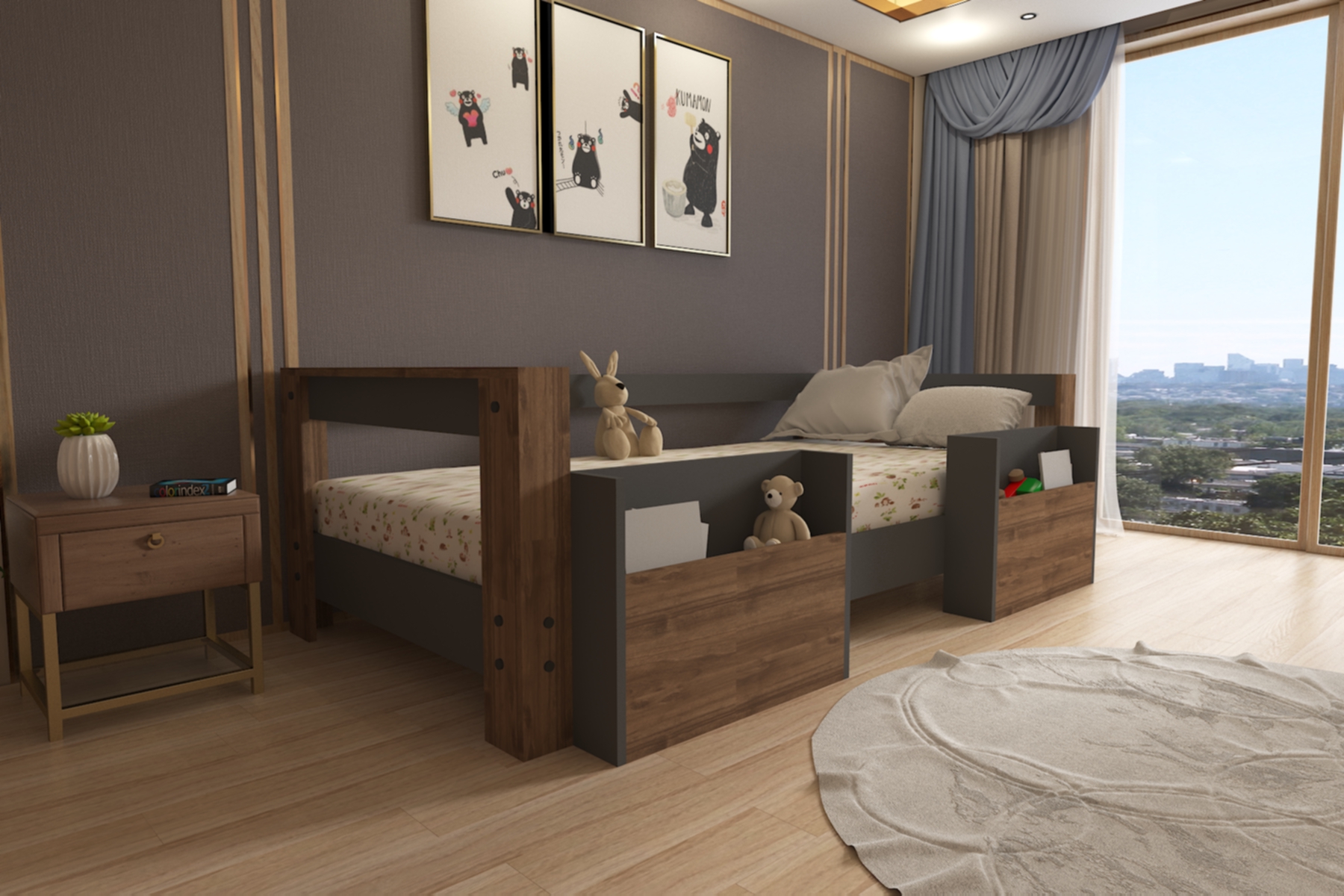 Ninnimo 90x190 Yatak Uyumlu Antrasit Ceviz Montessori Cepli Karyola- M1-42