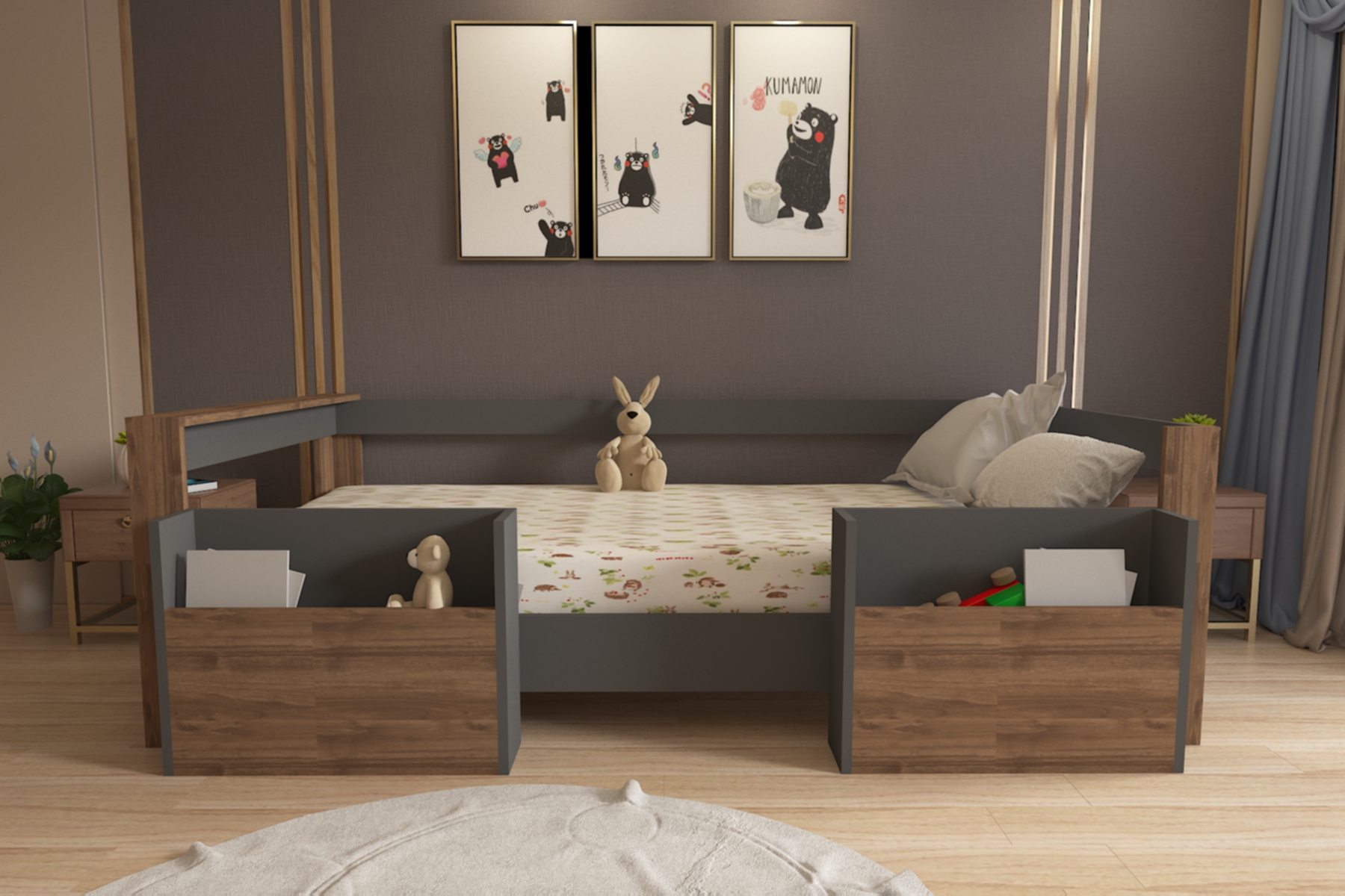 Ninnimo 90x190 Yatak Uyumlu Antrasit Ceviz Montessori Cepli Karyola- M1-42