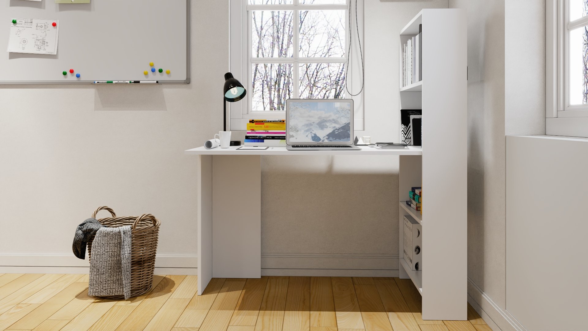 Kitaplıklı Çalışma Masası Beyaz Mdf