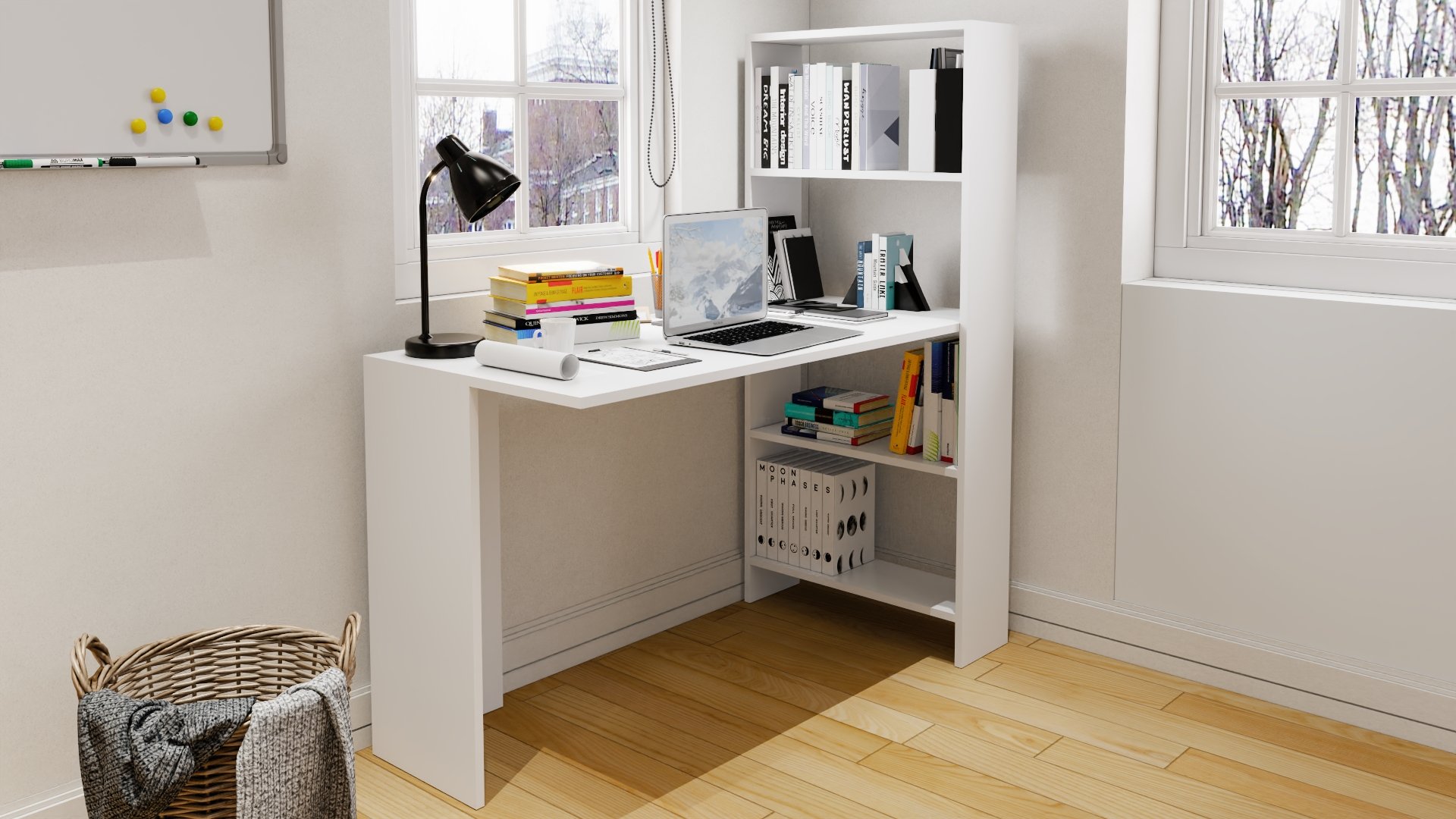 Kitaplıklı Çalışma Masası Beyaz Mdf