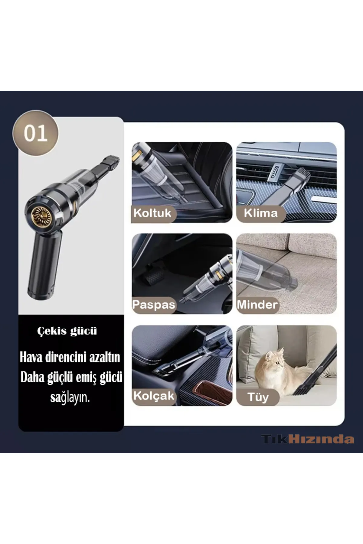 Portatif Kablosuz Araç Süpürgesi 17KPA Yüksek Vakum Gücü Fırçasız Motor Vakum Üfleme Fonksiyonlu