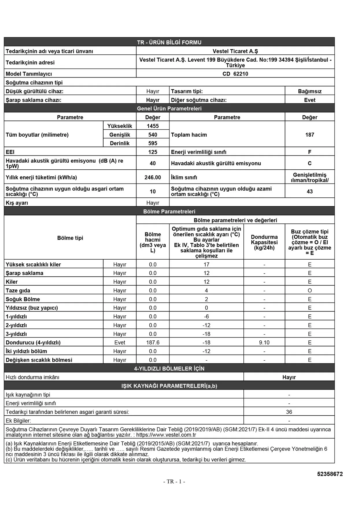 Cd 62210 187 Lt Dikey Derin Dondurucu
